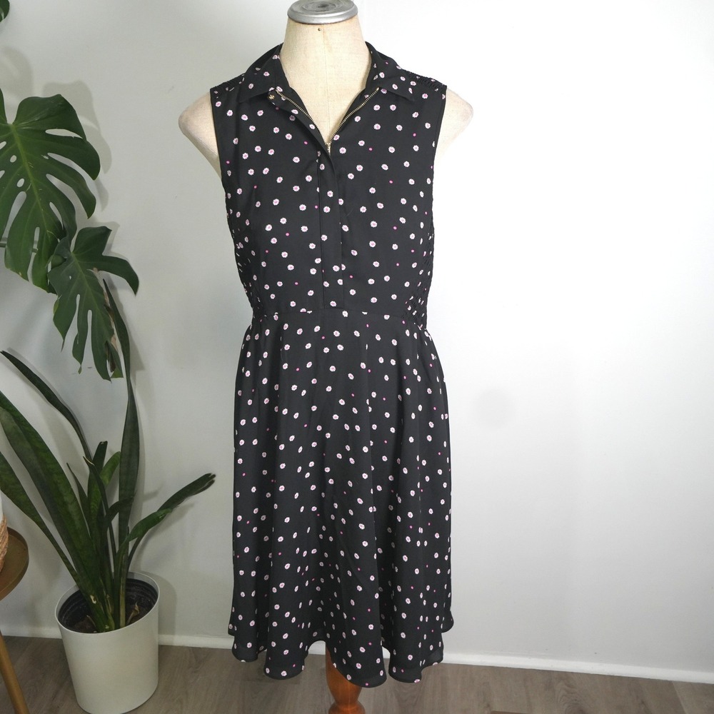 Kate Spade Daisy Floral Dress Womens 8 Black Pink Sleeveless‎ Zip Midi Smocked